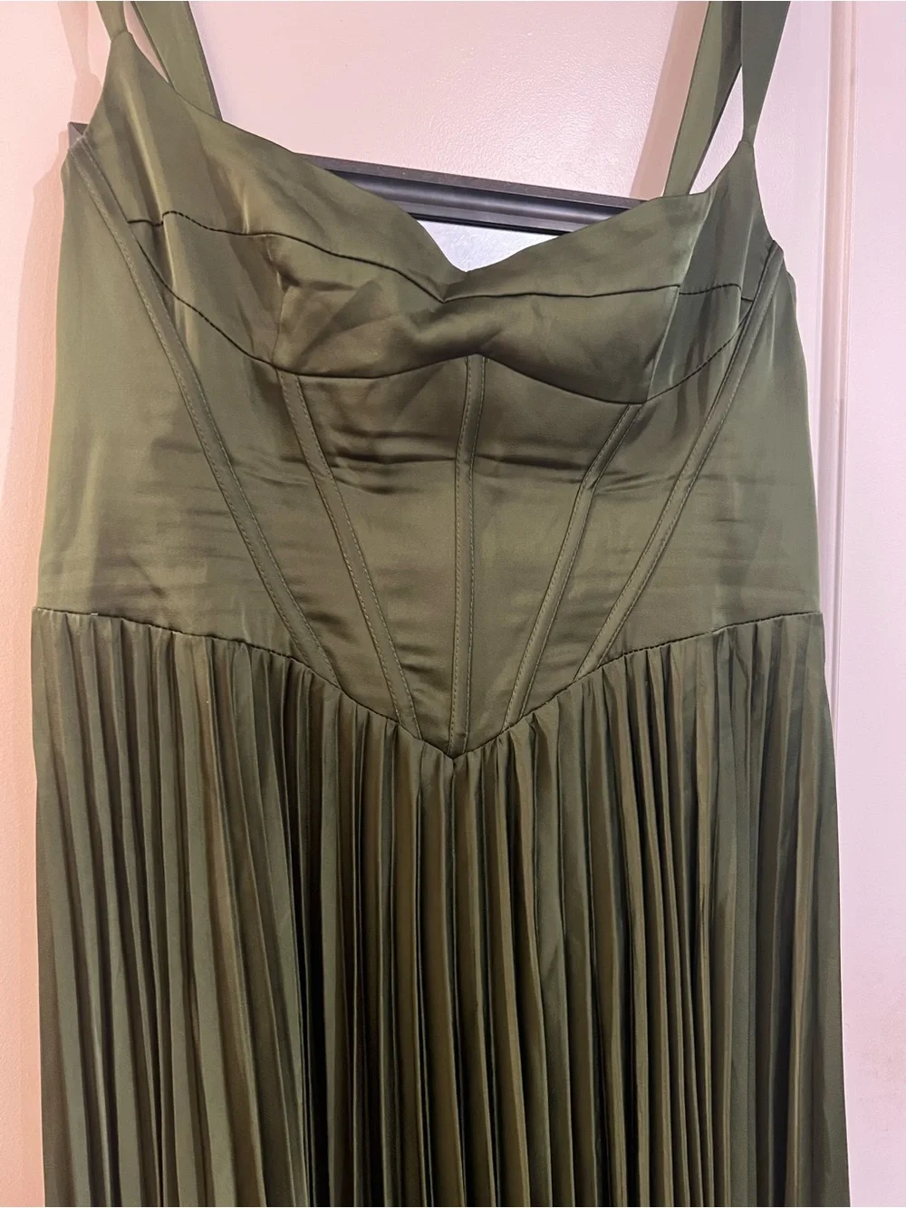 Azazie Atelier ‘Avenelle’ Corset Pleated Dress in Olive